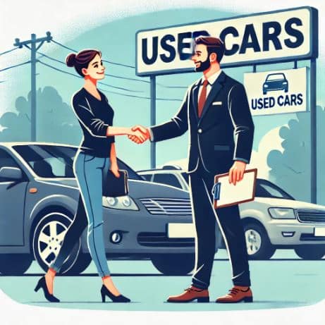 Man shaking hands with a lady selling her used car